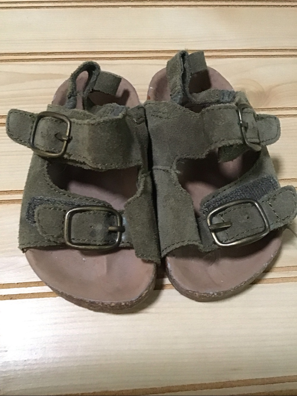 GAP Olive Green Suede Double-Buckle Cork Bottom Boho Kids Sandals 18-24 Months
